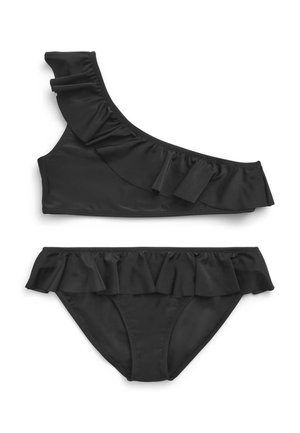 Completo bikini nero con top a spalla unica e dettagli volant, abbinato a un slip con vita arricciata. Realizzato in morbido materiale per il nuoto.
