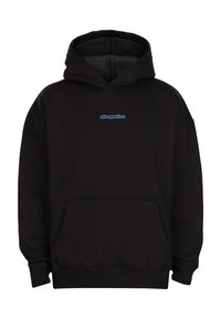 Black hoodie with a front pouch pocket and blue "dropsize" logo centered on the chest.