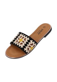 Sandal con punta aperta di colore beige, nero, marrone e giallo con motivo all'uncinetto. Soletta liscia color tan e suola nera con tacco minimo.