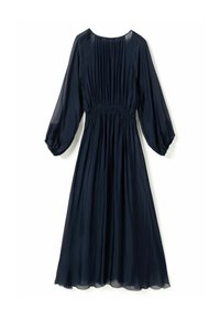 Robe longue bleu marine avec corsage froncé, taille élastiquée cintrée et manches longues bouffantes transparentes avec poignets froncés.