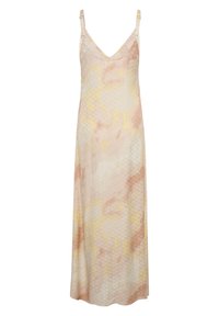 Robe nuisette en satin avec bretelles réglables, présentant un motif abstrait rose et jaune et une silhouette fluide et courbée.