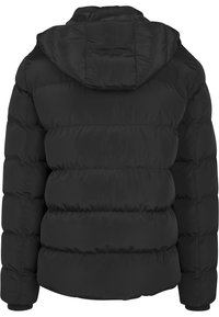 Doudoune noire avec capuche, design matelassé, poignets côtelés et texture lisse. Le dos présente un style simple et sans ornements.