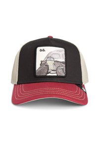 Black and tan cap with a red visor, featuring a square patch of a tortoise. The patch includes the letters "O.G." in bold.