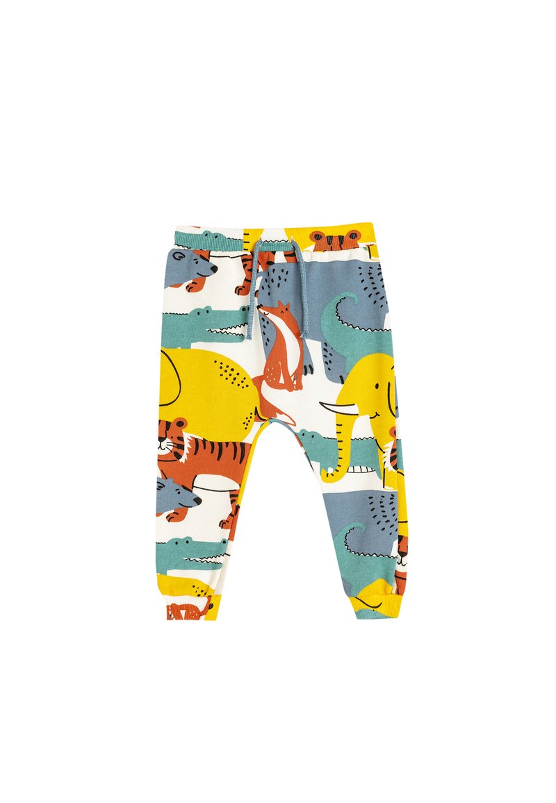 Leggings colorati per bambini con stampe di animali in giallo, arancione, blu e verde. Realizzati in tessuto morbido con vita elastica.
