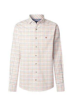 Camicia con bottoni in bianco e grigio chiaro con un motivo a griglia arancione e navy. Presenta maniche lunghe, colletto classico e chiusure con bottoni.