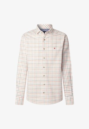 Button-up shirt in white and light gray with a grid pattern in orange and navy. Features long sleeves, a classic collar, and button closures.
