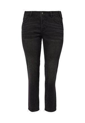 Czarne dżinsowe spodnie capri z dopasowanym stanem, przednimi kieszeniami i subtelnym przetarciem. Średni stan z prostymi, skróconymi nogawkami.