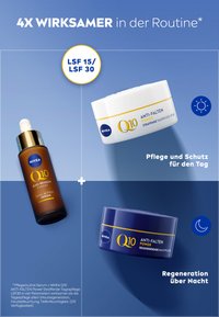 NIVEA Q10 Anti-Falten Serum in einer braunen Flasche mit Pipette, dazu zwei weiße und blaue Cremetöpfe, gekennzeichnet für die Tages- und Nachtanwendung.