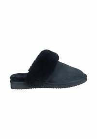 Black suede slip-on slippers with a plush black faux fur lining around the opening and a textured rubber sole for grip.