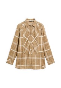 Lichtbruine geruite overhemd gemaakt van gestructureerde stof met een puntkraag, lange mouwen en een centraal geplooid detail.