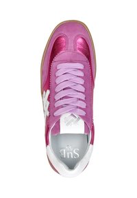 Pink suede sneaker with metallic accents, flat laces, and white padded tongue. Features a textured rubber sole and logo detail on the side.