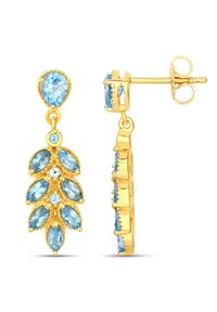 Gold earrings featuring a cascading design with pear-shaped and round light blue gemstones set in textured settings.