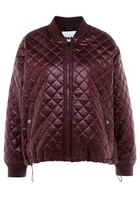 Gematigde bordeaux bomberjack met rits aan de voorkant, ribgebreide kraag en manchetten, drukknoopzakken en verstelbare trekkoorden aan de zoom.