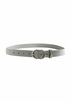Cintura in pelle grigia con una trama liscia, dotata di una fibbia ovale in argento e numerosi fori per la regolazione. Design semplice e minimalista.