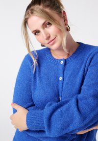 Blauwe cardigan gemaakt van zachte, gestructureerde stof; heeft een ronde hals, lange mouwen en drie knopen aan de voorkant.