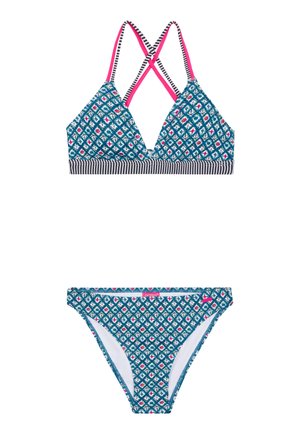 Bikini-set in teal met geometrische patronen, met een driehoek top met roze banden en gestreepte tailleband, en bijpassende bottoms. Rekbare stof.