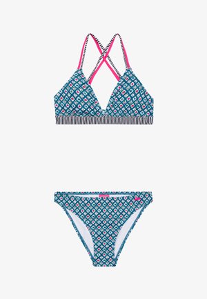 Bikini-set in teal met geometrische patronen, met een driehoek top met roze banden en gestreepte tailleband, en bijpassende bottoms. Rekbare stof.