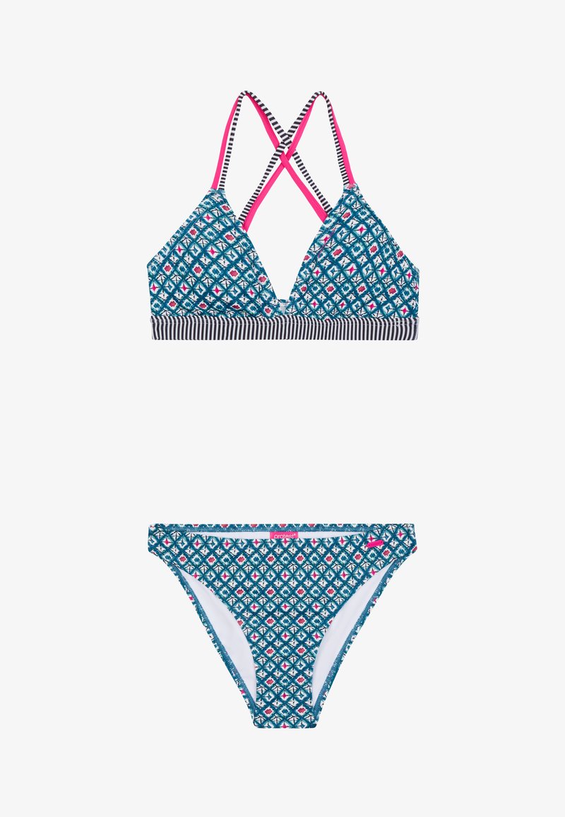 Bikini-set in teal met geometrische patronen, met een driehoek top met roze banden en gestreepte tailleband, en bijpassende bottoms. Rekbare stof.