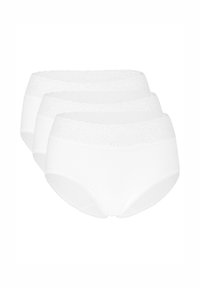 Weiße Baumwollunterwäsche mit Spitzenbesatz an der Taille. Das Set enthält drei Paar, die jeweils ein nahtloses Design und eine glatte Verarbeitung aufweisen.