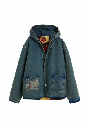 Spijkerjack met capuchon, met een knoopsluiting aan de voorkant, twee voorzakken en geborduurde ontwerpen in blauw en rood. Gevoerd met patroonstof.