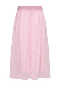 Gonna midi semi-trasparente rosa chiaro con cintura elasticizzata. Design fluido, texture liscia e delicato dettaglio di cucitura frontale.