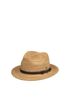 Light brown woven fedora hat with a dark brown leather band and small metal buckle detail around the base.