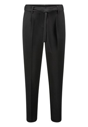 Pantalon noir avec coupe fuselée, ceinture en tissu à la taille, poches latérales et texture lisse. Présente une coupe classique taille haute.