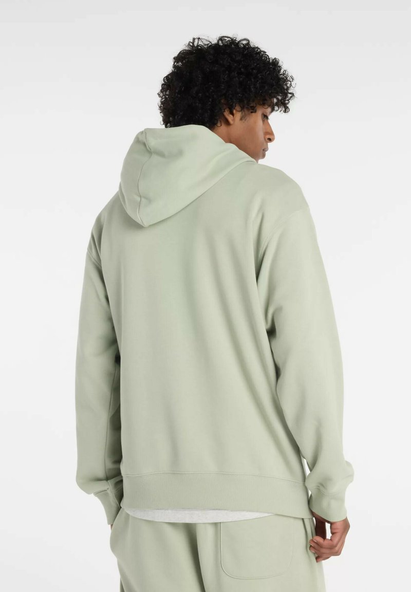 Hellgrüner Hoodie aus softem Stoff, mit einer Kapuze mit Kordelzug, gerippten Bündchen und einem lässigen Schnitt, von hinten betrachtet.