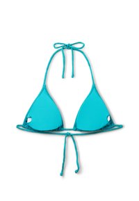 Bikini w topie w kształcie trójkąta w kolorze turkusowym z regulowanymi sznurkami, gładkim materiałem i małym otworem na każdej miseczce.