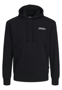 Black hoodie with a drawstring hood, ribbed cuffs, and hem. Features a white logo on the chest. Made from soft, textured fabric.
