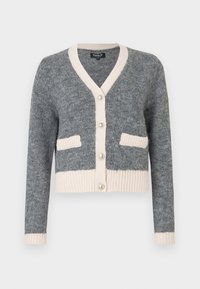 Grey knitted cardigan with a v-neck, beige accents, ribbed hem, and two front pockets. Features large pearl-like buttons.