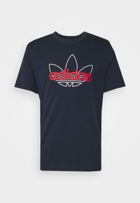 Námořnická modrá bavlněná tričko s krátkými rukávy, s bílým obrysem a červeným textem "adidas" a bílým logem listu.