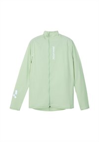 Hellgrüne Reißverschlussjacke aus einem glatten, leichten Stoff; verfügt über einen hohen Kragen und ein weißes Logo vorne und an den Ärmeln.