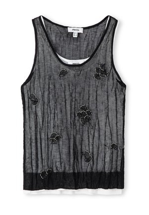 Top nero trasparente senza maniche con linee verticali strutturate e decorazioni floreali di perline nere sparse su uno strato interno bianco.