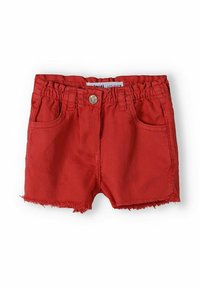 Röda jeansturshorts med elastisk midjeband, knappknäppning fram och två fickor. Har fransade kanter för en avslappnad design.