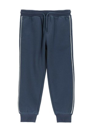 Granatowe spodnie dresowe z białymi paskami po bokach, elastycznym paskiem w talii z regulacją na sznurek, kieszeniami po bokach oraz ściągaczami przy kostkach.
