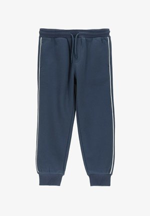 Granatowe spodnie dresowe z białymi paskami po bokach, elastycznym paskiem w talii z regulacją na sznurek, kieszeniami po bokach oraz ściągaczami przy kostkach.