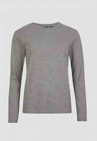 Graues Langarm-T-Shirt aus weichem Stoff mit rundem Ausschnitt und geradem Saum. Einfaches Design ohne Muster oder sichtbare Hardware.