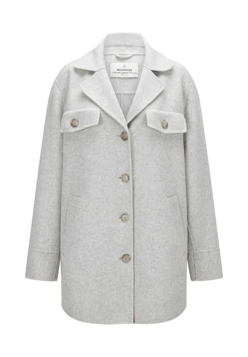 Hellegrauer Wollmischungs-Mantel mit kragenlosem Ausschnitt, doppelten Brusttaschen und vorderer Knopfverschluss. Verfügt über eine lockere Silhouette und eine weiche Textur.