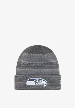 Graue Mütze mit gerippter Textur und horizontalen Streifen. Enthält ein gesticktes Logo der Seattle Seahawks auf dem vorderen Saum.