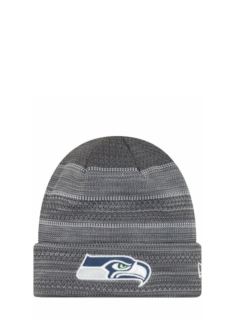 Gray beanie with ribbed texture and horizontal stripes. Features an embroidered Seattle Seahawks logo on the front cuff.