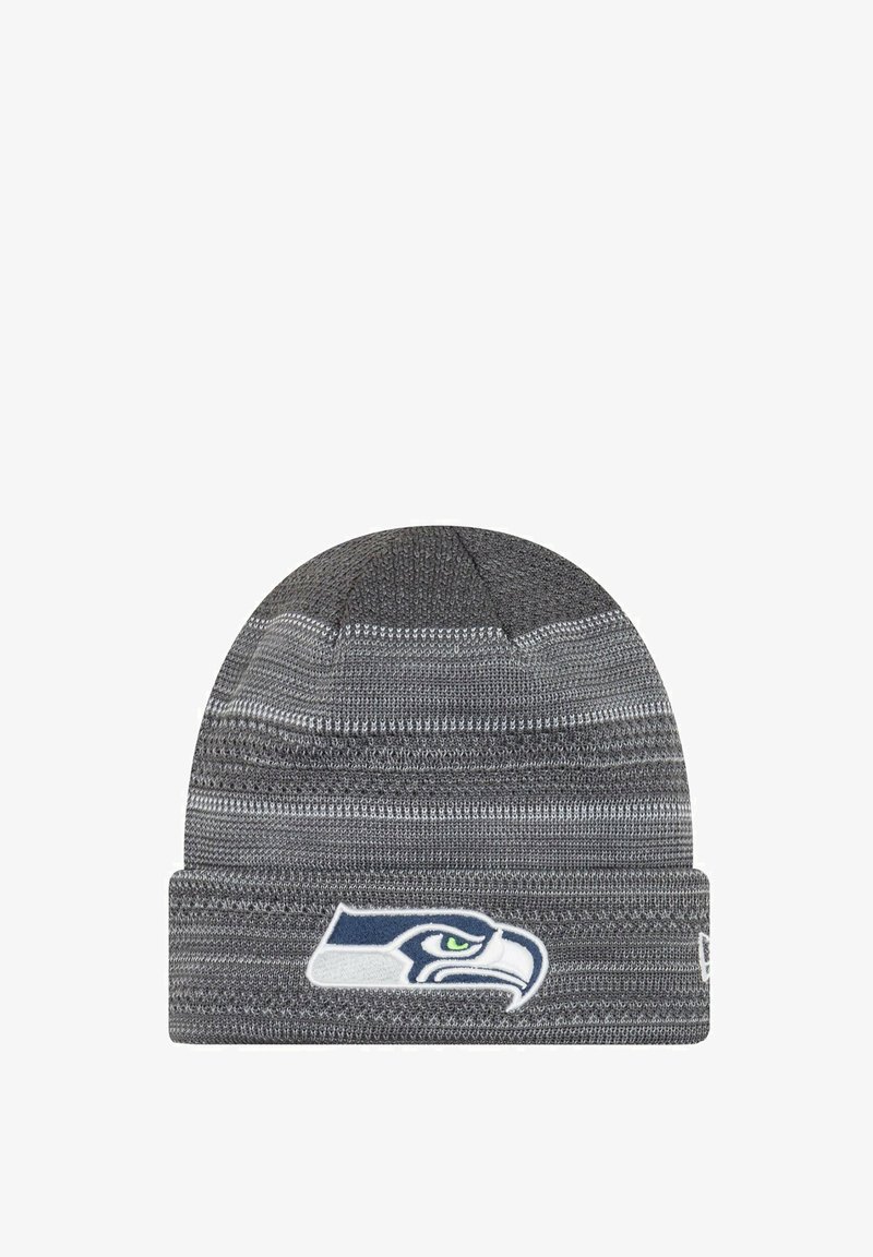 Gray beanie with ribbed texture and horizontal stripes. Features an embroidered Seattle Seahawks logo on the front cuff.
