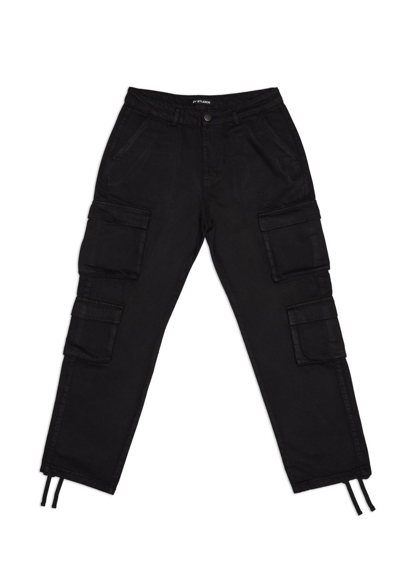 Schwarze Cargohosen mit mehreren großen Seitentaschen, einem Taillenbund mit Kordelzug, zulaufenden Beinsaumöffnungen und einer glatten Stoffstruktur.