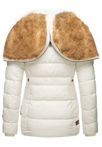 Jachetă albă căptușită cu guler din blană artificială de culoare bej deschis. Are închidere prin fermoar și manșoane ribbate. Design structurat cu textură matlasată.