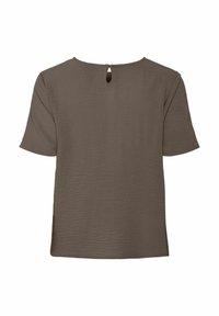 Top corto marrone a maniche corte con superficie testurizzata. Presenta un design a chiave sul retro e un collo rotondo. Taglio semplice e morbido.