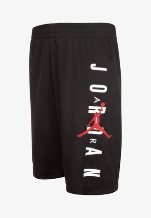 Fekete hálós rövidnadrág elasztikus derékpánttal, piros Jumpman logóval és fehér "JORDAN" felirattal.