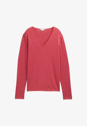 Pulover cu mânecă lungă și guler în V adânc, dintr-un material tricotat moale de culoare coral. Croială lejeră, cu manșete și tiv cu nervuri, textură netedă și detalii minime.