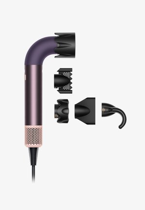 Föhn met een gebogen ontwerp in paars en roségoud. Inclusief meerdere zwarte opzetstukken: een diffuser, een stylingmondstuk en een haak.