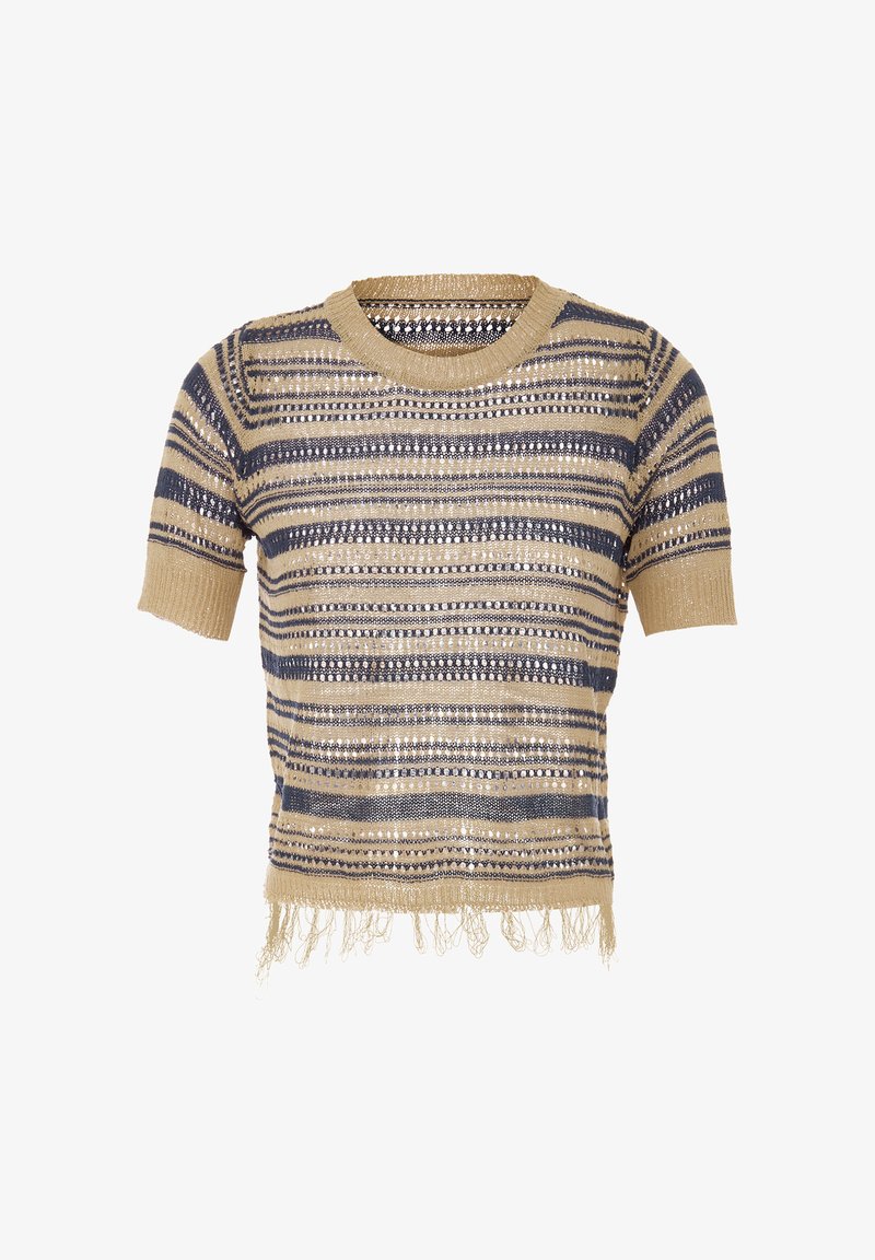 Korte mouwen gebreid top met horizontale beige en marineblauwe strepen, met een los geweven structuur, franjes aan de onderkant en een ronde halslijn.