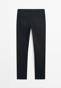 Black dress pants made of smooth fabric. Slim fit design with two back pockets and a flat waistband. No visible patterns or hardware.